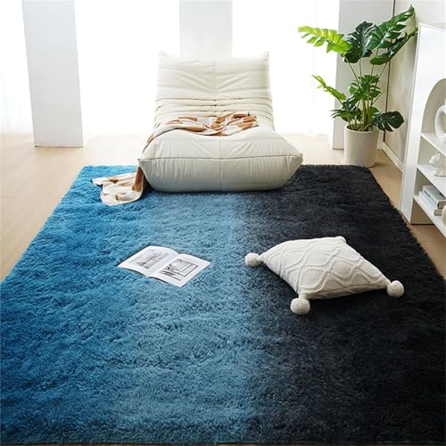 Treer Teppich Wohnzimmer Flauschig, Soft Modern Area Rug Weich Shaggy Teppiche Langflor rutschfest Fellteppich Kunstfell Fell Carpet für Schlafzimmer Nachttisch (60 * 160cm,Farbverlauf/Blau) von Treer