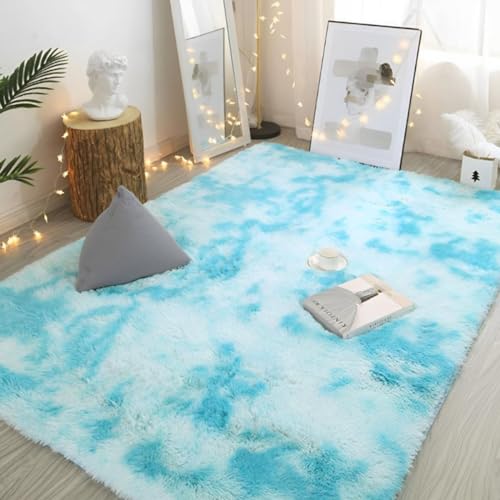 Treer Teppich Wohnzimmer Kurzflor Moderne Waschbarer Schlafzimmer rutschfest Flauschig Weicher Wohnztimmerteppich fürs Schlafzimmer, Kinderzimmer, Küche geeignet (160x200cm,Blau Tie-Dye) von Treer