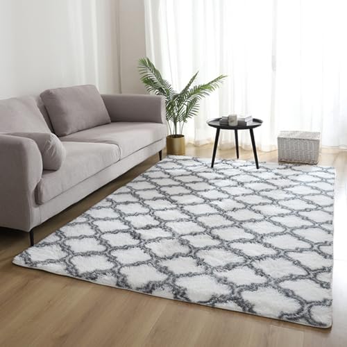 Treer Teppich Wohnzimmer Plüsch Moderne Kariert Schlafzimmer rutschfest Flauschig Weicher Wohnztimmerteppich fürs Schlafzimmer, Kinderzimmer, Küche Geeignet (160x200cm,Weißes Karo) von Treer