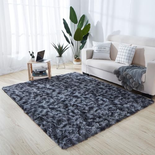 Treer Teppich Wohnzimmer Tie-Dye Plüsch Moderne Waschbarer Schlafzimmer rutschfest Weicher Wohnztimmerteppich fürs Schlafzimmer, Kinderzimmer, Wohnzimmer (160x230cm,Dunkelgrau) von Treer