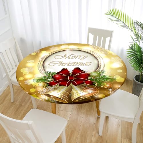 Treer Tischdecke Outdoor Rund, 3D Frohe Weihnachten Muster Lotuseffekt Tischdecke Abwaschbar Elastisch Rund Gartentischdecke, für Parteien, Garten, Küche, Esstisch (120cm,Gold) von Treer