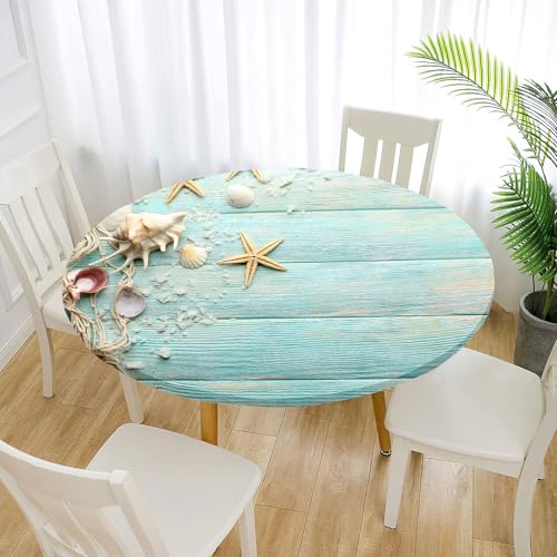 Treer Tischdecke Outdoor Rund, 3D Holzbrett Drucken Lotuseffekt Tischdecke Abwaschbar Elastisch Rund Gartentischdecke, für Garten, Küche, Esstisch, Parteien Tischdecken (120cm,Seestern) von Treer
