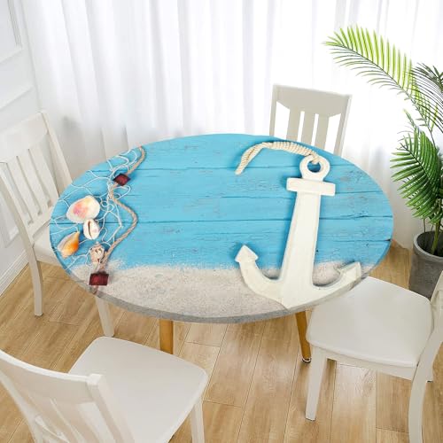 Treer Tischdecke Outdoor Rund, 3D Holzbrett Drucken Lotuseffekt Tischdecke Abwaschbar Elastisch Rund Gartentischdecke, für Garten, Küche, Esstisch, Parteien Tischdecken (180cm,Anker) von Treer