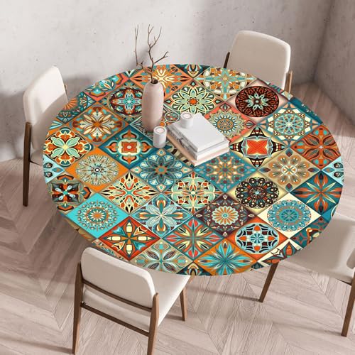 Treer Tischdecke Outdoor Rund, 3D Marokko und Böhmen Lotuseffekt Tischdecke Abwaschbar Elastisch Rund Gartentischdecke für Garten, Esstisch, Küche, Parteien Tischdecken (90cm,Böhmen) von Treer