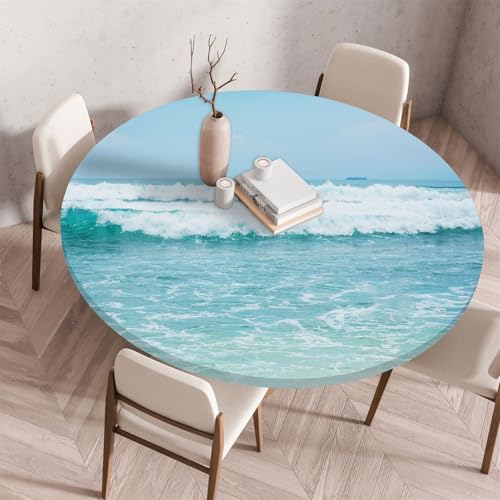 Treer Tischdecke Outdoor Rund, 3D Strand mit Meerblick Lotuseffekt Tischdecke Abwaschbar Elastisch Rund Gartentischdecke, für Garten, Küche, Esstisch, Parteien Tischdecken (70CM,Ozean 3) von Treer