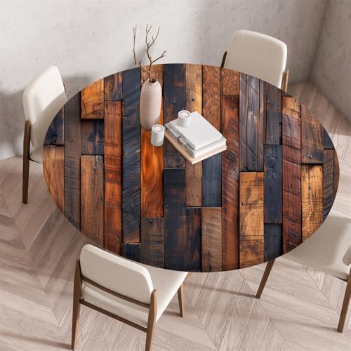 Treer Tischdecke Outdoor Rund, Holzbrett Druck Lotuseffekt Tischdecke Abwaschbar Elastisch Rund Gartentischdecke, für Garten, Küche, Esstisch, Parteien Tischdecken (100cm,Retro) von Treer