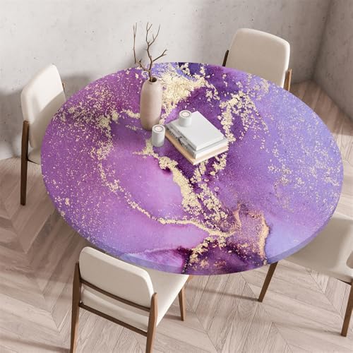 Treer Tischdecke Outdoor Rund, Lotuseffekt Tischdecke Abwaschbar Marmor Muster Elastisch Rund Gartentischdecke, für Garten, Küche, Esstisch, Parteien Tischdecken (80cm,Lila) von Treer