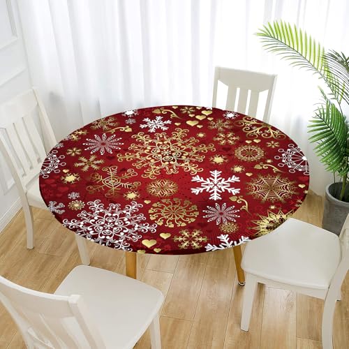 Treer Tischdecke Outdoor Rund, Rote Weihnachten Lotuseffekt Tischdecke Abwaschbar Elastisch Rund Gartentischdecke, für Garten, Küche, Esstisch, Parteien Tischdecken (120cm,Schneeflocke) von Treer