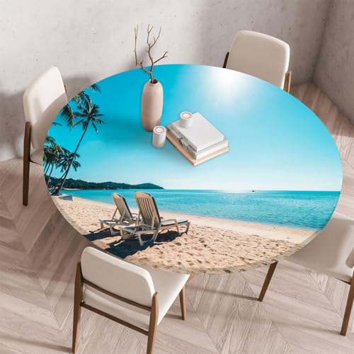 Treer Tischdecke Outdoor Rund, Strandurlaub Lotuseffekt Tischdecke Abwaschbar Elastisch Rund Gartentischdecke, für Garten, Küche, Esstisch, Parteien Tischdecken (120CM,Sonnenschein) von Treer