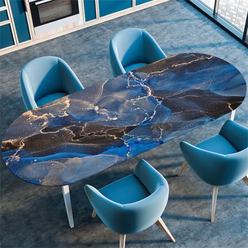 Treer Tischdecke Oval mit Elastischem Rand, Nordischer Marmor Fleckschutz Ovale Tischdecke, Tischdecke Abwaschbar Oval, Lotuseffekt Tischdecke für Küche, Esszimmer, Picknick (107x152cm,Marineblau) von Treer