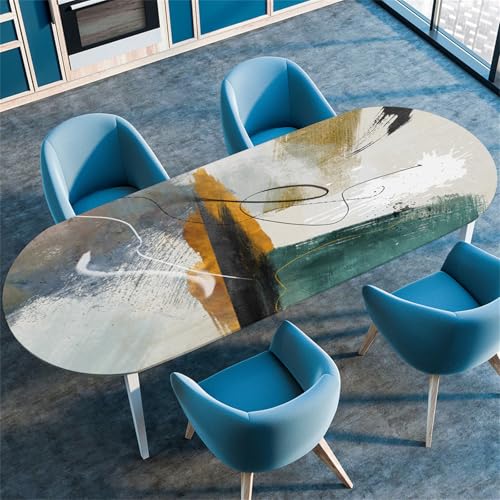 Treer Tischdecke Oval mit Elastischem Rand,Abstrakte Szenerie Fleckschutz Ovale Tischdecke,Tischdecke Abwaschbar Oval, 3D Lotuseffekt Tischdecke für Küche,Esszimmer,Picknick (91x152cm,Aquarell) von Treer