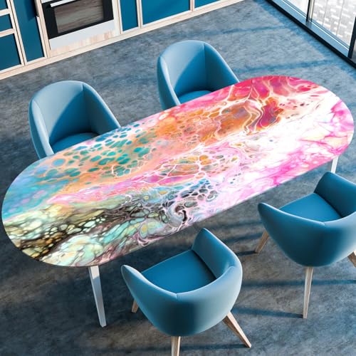 Treer Tischdecke Oval mit Elastischem Rand,Fleckschutz Ovale Tischdecke, Marmordruck Tischdecke Abwaschbar Oval,Lotuseffekt Tischdecke für Küche, Esszimmer,Picknick (107x165cm,Bunt) von Treer