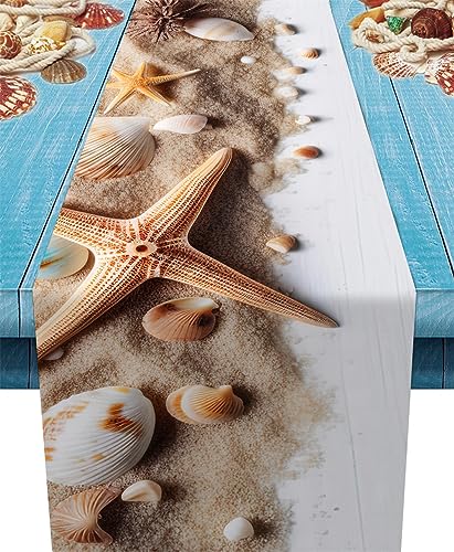 Treer Tischläufer aus Leinen, Blau Ozean Strand Muschel Druck Tischläufer, Rustikale Drinnen Draussen Esstisch Tischläufer Dekorationen für Dinner Hochzeit Party (33×183cm,Stil I) von Treer