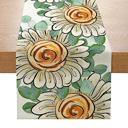 Treer Tischläufer aus Leinen mit Sonnenblumen-Serie Druck, Modern Tisch Läufer Abwaschbare Durable Tischdecke für Esszimmer Küchentisch Hotel Festival Hochzeit Party (33×180cm,Gänseblümchen) von Treer