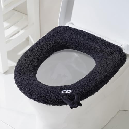 Treer Toilettensitzbezug Warm Waschbar WC Sitzwärmer Wärmer WC-Sitz Cover Dicker für Die Meisten O-U-Toiletten der Familie Geeignet Sind (1 STK,Schwarz) von Treer