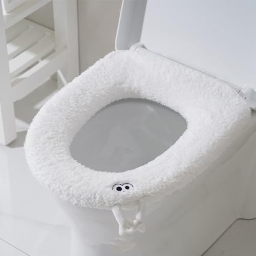 Treer Toilettensitzbezug Warm Waschbar WC Sitzwärmer Wärmer WC-Sitz Cover Dicker für Die Meisten O-U-Toiletten der Familie Geeignet Sind (1 STK,Weiß) von Treer