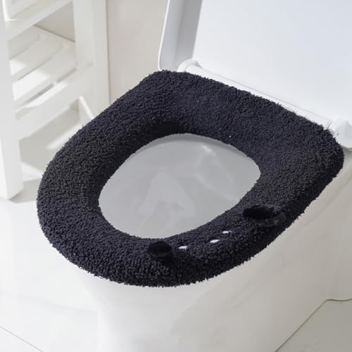 Treer Toilettensitzbezug Warm Waschbar WC Sitzwärmer Wärmer WC-Sitz Cover Dicker für Die Meisten O-U-Toiletten der Familie Geeignet Sind (1 STK,schwarzer Welpe) von Treer