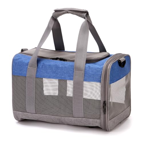 Treer Transporttasche für Haustiere, Transportbox für Hunde & Katzen, Faltbar Haustiertransportbox Leichte Reise Tragetasche Für Reisen im Flugzeug, Auto oder Zug (38x25x26cm,grau Blau) von Treer