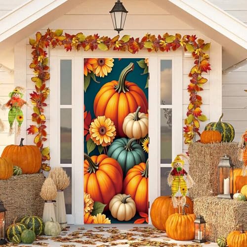 Treer Türabdeckung Outdoor Dekoration, Party Tür Banner Deko Türverkleidung Hintergrund Deko für Innen draußen, Halloween, Weihnachts, Geburtstags, Hochzeit (Kürbis 7,90 * 210cm) von Treer