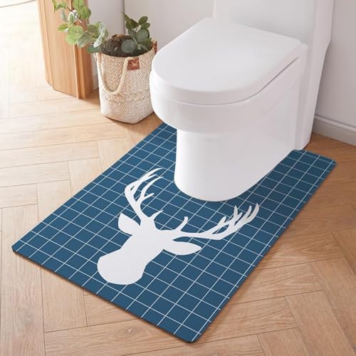 Treer WC-Vorleger mit Ausschnitt, Toiletten Vorleger für Stand Kieselgur WC U-förmig Badematte Teppich rutschfest Weich Waschbar für Freistehende Toiletten (90 * 60cm,Blauer Elch) von Treer