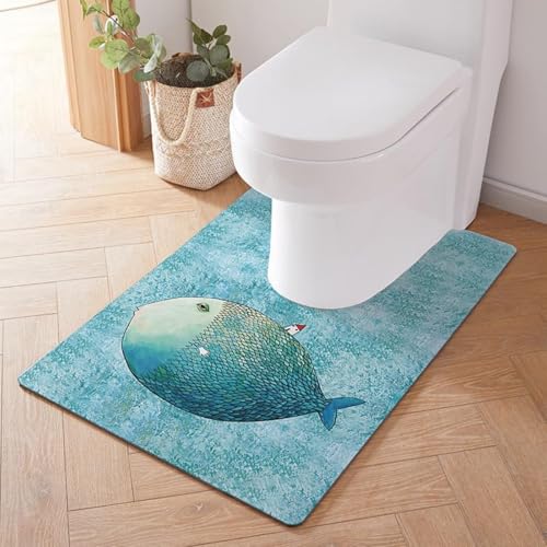 Treer WC-Vorleger mit Ausschnitt, Toiletten Vorleger für Stand Kieselgur WC U-förmig Badematte Teppich rutschfest Weich Waschbar für Freistehende Toiletten (90 * 60cm,Blauer Fisch) von Treer