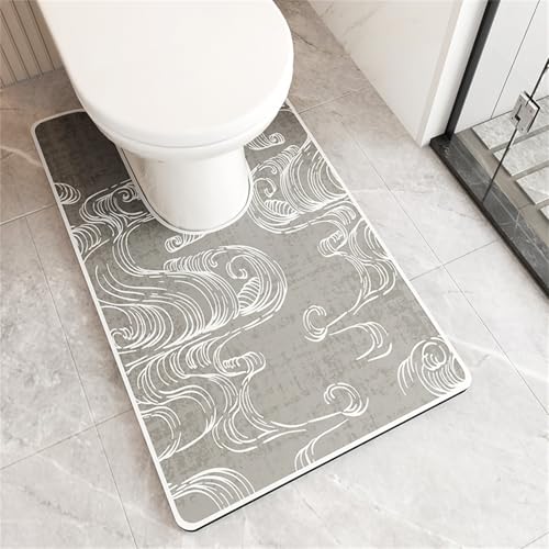 Treer WC-Vorleger mit Ausschnitt, Toiletten Vorleger für Stand Kieselgur WC U-förmig Badematte Teppich rutschfest Weich Waschbar für Freistehende Toiletten (Graue Meereswellen,55 * 50cm) von Treer