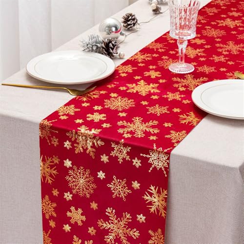 Treer Weihnachten Tischläufer Polyester Samt Schneeflocken Rentier Heißprägen Design Weihnachts Tischdeko Table Runner Abwaschbar Tischdecke Winter Weihnachten Party Dekor (28x278cm,Rot 3) von Treer