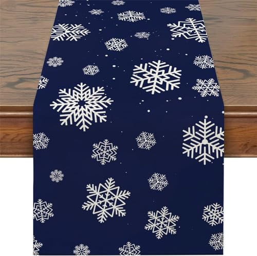 Treer Weihnachten Tischläufer aus Leinen, Lang Rechteckige Weihnachtstischläufer mit Xmas Schneeflocke Druck für Winter Weihnachten Party Festival Tisch Deko, Abwaschbar (33×183cm,Blau) von Treer