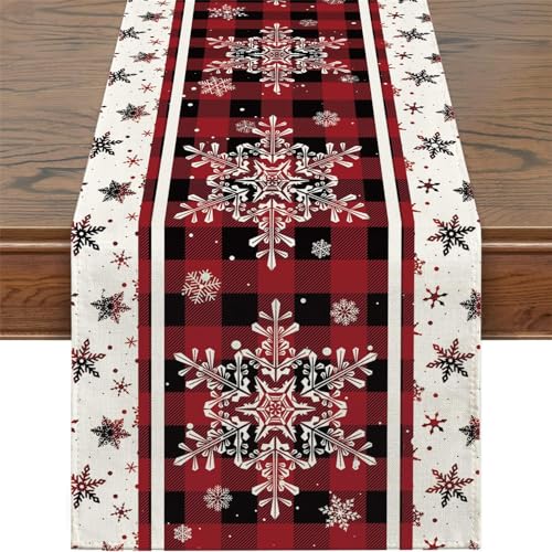 Treer Weihnachten Tischläufer aus Leinen, Lang Rechteckige Weihnachtstischläufer mit Xmas Schneeflocke Druck für Winter Weihnachten Party Festival Tisch Deko, Abwaschbar (33×183cm,Vintage-Rot) von Treer