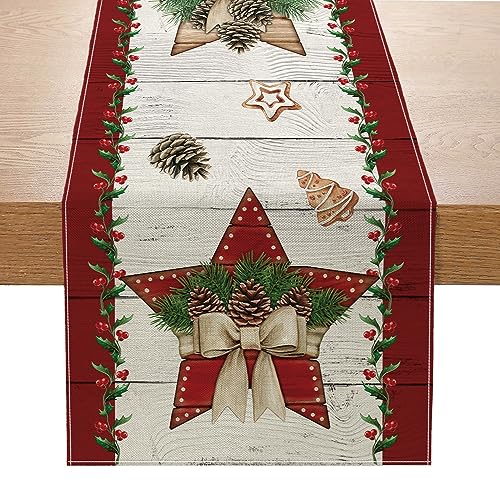 Treer Weihnachtsdeko Tischläufer aus Leinen, Weihnachtsreben Druck Tischläufer Leinen Rustikale Esstisch Dekorationen für Weihnachten Dinner Festival Hochzeit Party (33×180cm,Holly.1) von Treer