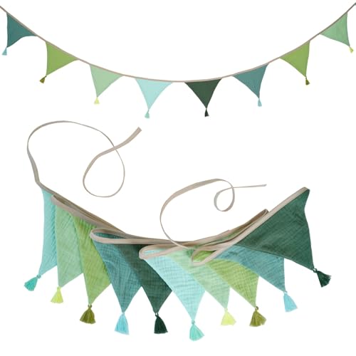 Treer Wimpelkette Stoff Kinderzimmer, 2.6M Wimpelkette Stoff Bunt mit Quasten - Hausbett Deko Mädchen & Jungen für Girlande Kinderzimmer Deko, Wanddeko and Outdoor, Nordisch (Grün) von Treer