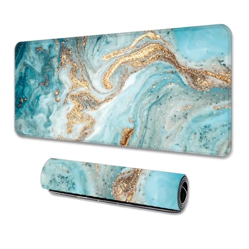 Treer XXL/XL/L Gaming Mauspad, Mousepad Marmor Stil, Mauspad rutschfeste Gummibasis, Mousepad Gaming mit Vernähte Kanten, Mauspad Groß Geeignet für das Home Office (800x300mm,blaues Gold) von Treer