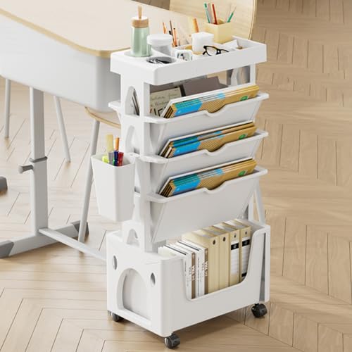 Treesunshine Mobiles Bücherregal mit Rollen, Beweglicher Bücherregalwagen, 5 stufiger Rollwagen mit Rädern, Herausziehbarer Rollwagenfür Büro Küche Schlafzimmer Badezimmer (Weiß) von Treesunshine