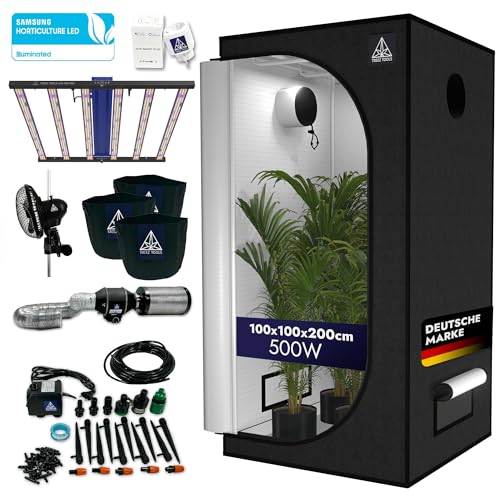 Treez Tools – Growzelt Komplettset M (100 x 100 x 200 cm) – Grow Light LED 500W PRO – GrowZelt Kit – Growing Tent Set mit Belüftungs- & Bewässerungssystem, Ventilator, Smart Plug, Grow Topf von Treez Tools