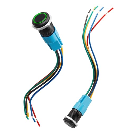 Treki 2 Stück 16mm Verriegelung Druckschalter mit Led 12v Beleuchtet Drucktaster mit 2-teilig Kabelbuchsenstecker, Wasserdicht Druckknopfschalter Schalter Tastend Flach Taster mit Symbol Licht (Grün) von Treki