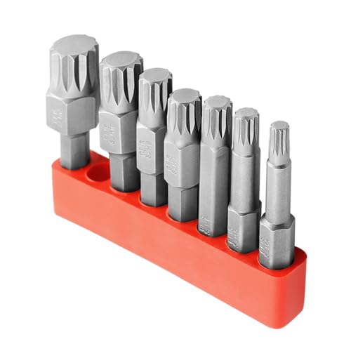 Treki 7 Stück 12-Kant Torx Bit Set 50mm Kurz Stubby Innenvielzahn Bitsatz mit 6,35mm Sechskantschaft, [S2 Stahl M4-M12] Innenvielzahn Schraubendreher Bit Hex Schaft Vielzahn Bits Set für Akkuschrauber von Treki