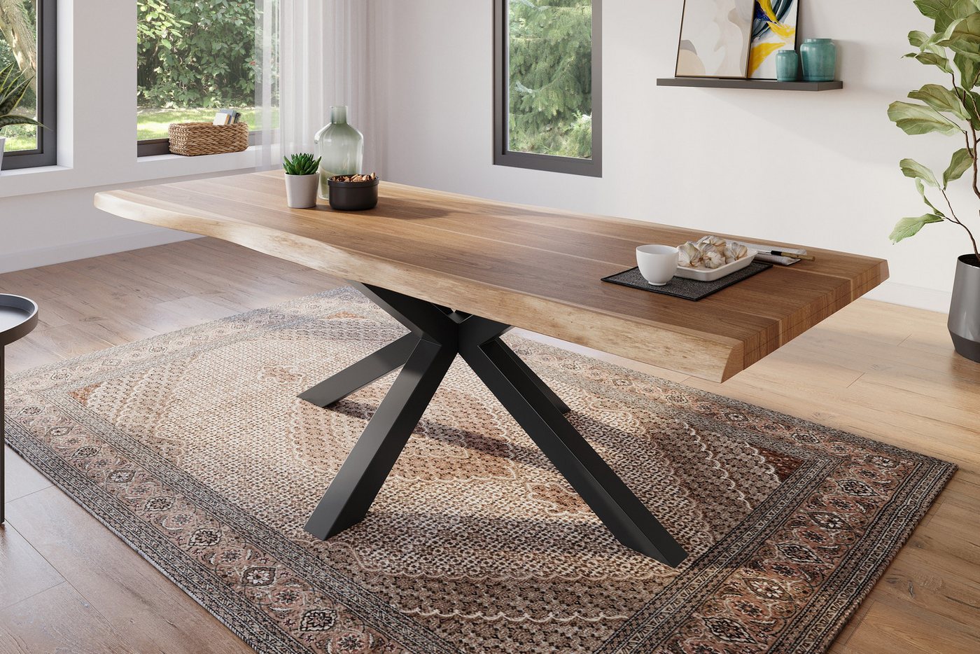 Trelevo® Baumkantentisch Atlas - Spider-Gestell, Esstisch 260 x 100 cm Akazie massiv natur Baumkantentisch Spider-Geste von Trelevo®