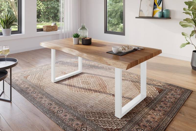 Trelevo® Baumkantentisch Atlas - U-Gestell, Esstisch 160 x 85 cm Akazie massiv natur Baumkantentisch U-Gestell wei von Trelevo®