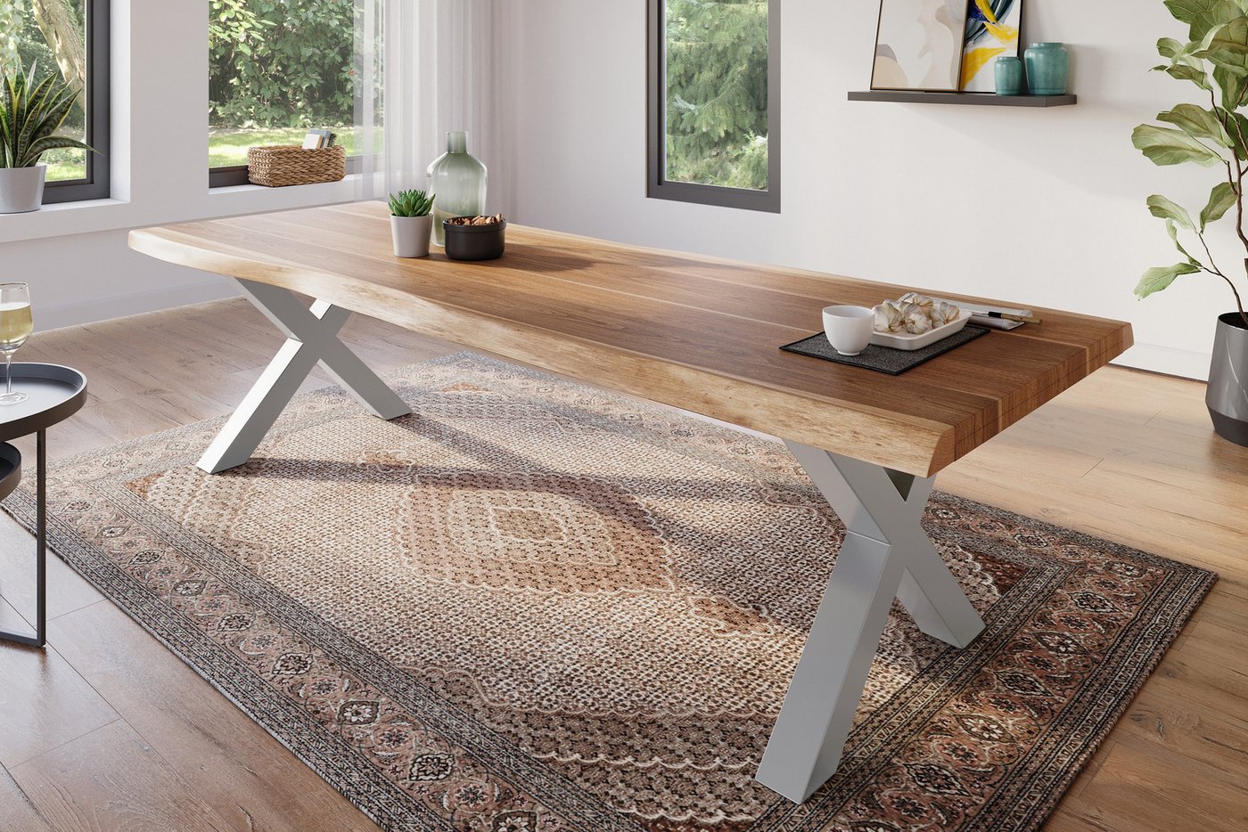 Trelevo® Baumkantentisch Atlas - X-Gestell, Esstisch 280 x 100 cm Akazie massiv natur Baumkantentisch X-Gestell si von Trelevo®