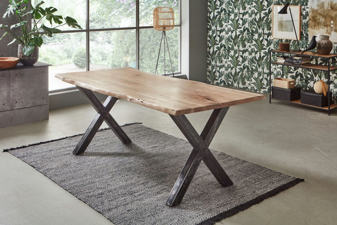 Trelevo® Baumkantentisch Frederik, Esstisch Baumkante massiv Akazie natur 280 x 100 X-Gestell Vintage FRE von Trelevo®