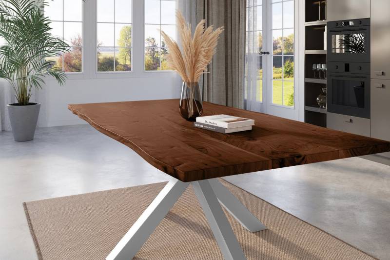 Trelevo® Baumkantentisch Kalea, Esstisch Baumkante 200 x 100 cm Akazie nussbaum massiv Spider-Gestell von Trelevo®