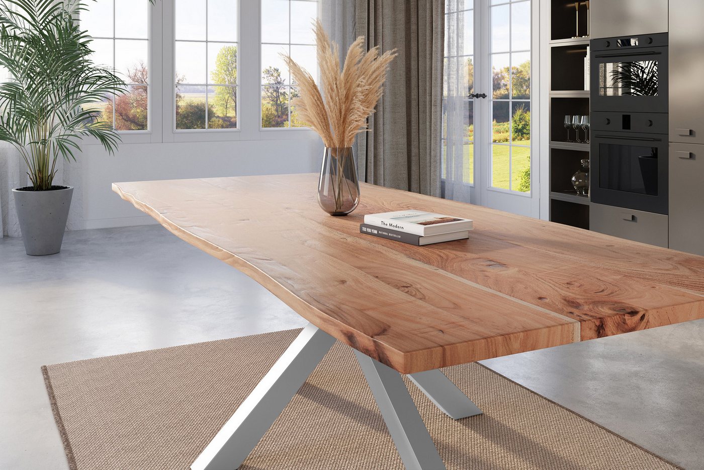 Trelevo® Baumkantentisch Kalea, Esstisch Baumkante 280 x 100 cm Akazie natur massiv Spider-Gestell sil von Trelevo®