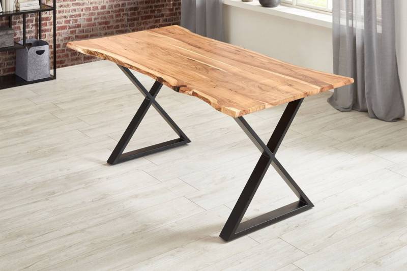 Trelevo® Baumkantentisch Kasimir, Esstisch Baumkante massiv Akazie natur 180 x 90 X-Gestell schwarz KASI von Trelevo®