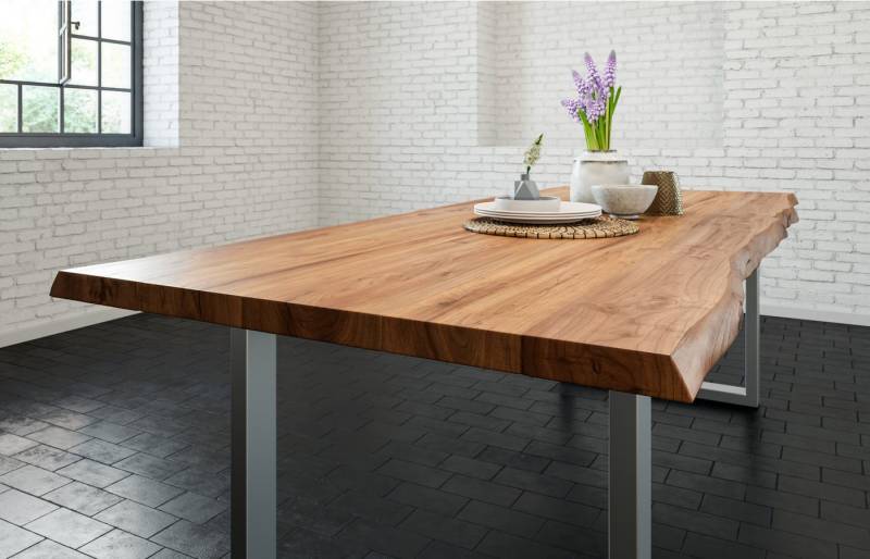 Trelevo® Baumkantentisch Liam, Esstisch Baumkante massiv Akazie natur 180 x 90 silber LIAM von Trelevo®