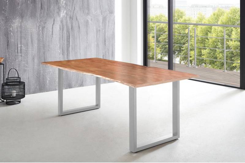 Trelevo® Baumkantentisch Lubin - U-Form, Esstisch Baumkante massiv Akazie natur 240 x 100 U-Gestell silber LUBI von Trelevo®