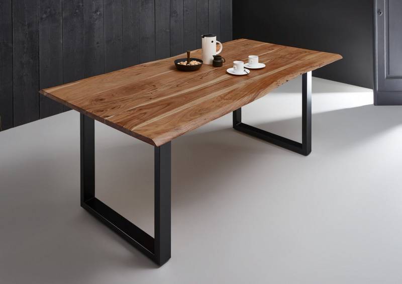 Trelevo® Baumkantentisch Milo, Esstisch Baumkante massiv Akazie natur 120 x 80 U-Gestell schwarz MILO von Trelevo®