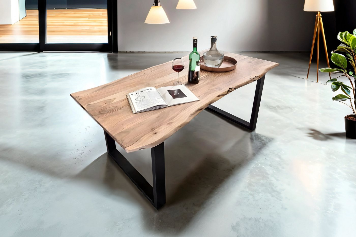 Trelevo® Baumkantentisch Mundra, Esstisch Baumkante massiv Akazie natur 280 x 100 schwarz MUNDRA von Trelevo®