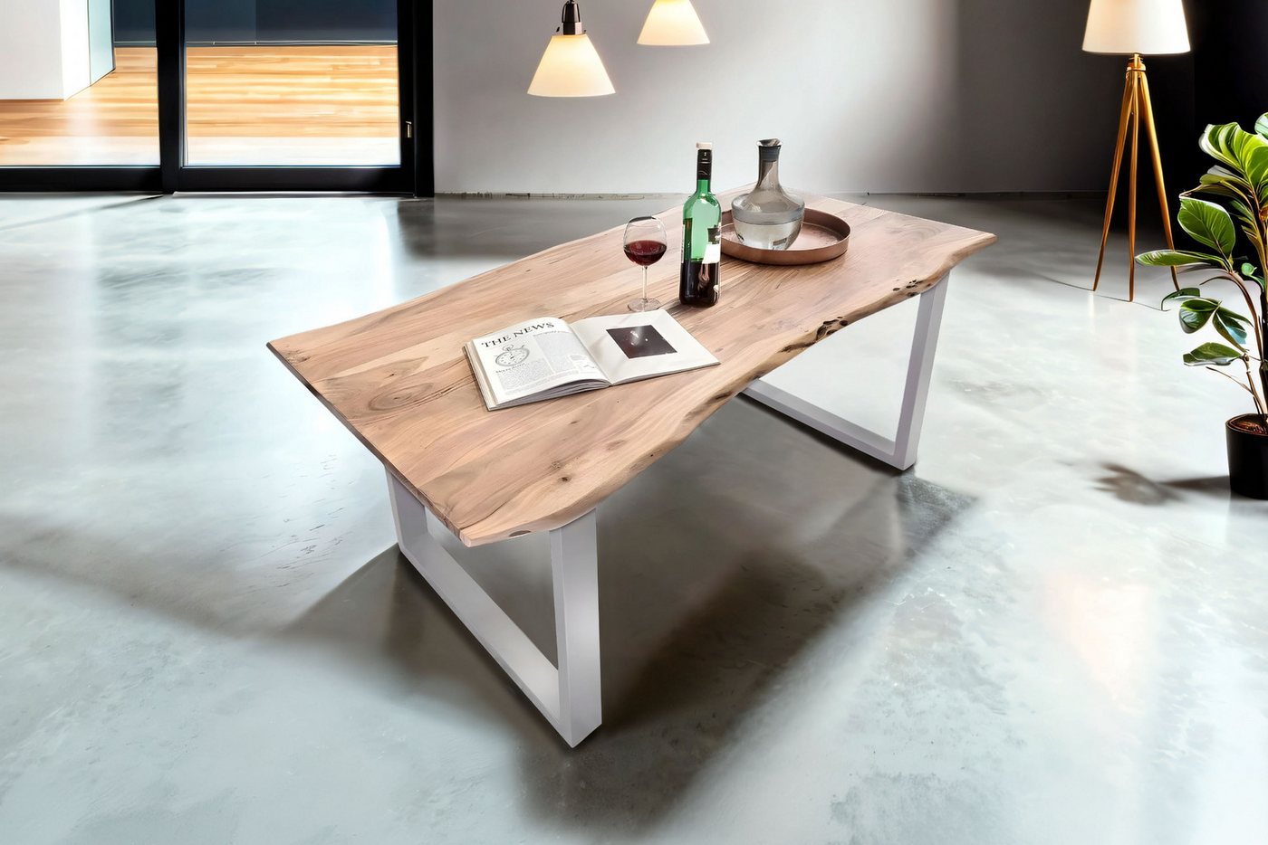 Trelevo® Baumkantentisch Mundra, Esstisch Baumkante massiv Akazie natur 280 x 100 silber MUNDRA von Trelevo®