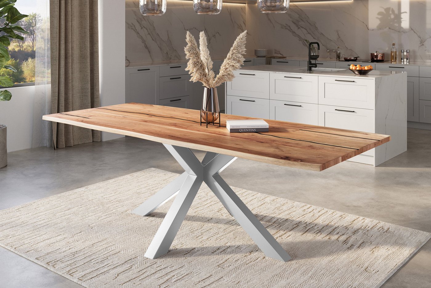 Trelevo® Baumkantentisch Polly - Spider-Gestell, Baumkantentisch Akazie natur mit schwarzen Resin-Adern 300 x 100 cm Sp von Trelevo®