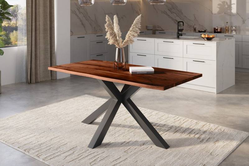 Trelevo® Baumkantentisch Polly - Spider-Gestell, Baumkantentisch Akazie nussbaum mit schwarzen Resin-Adern 160 x 85 cm von Trelevo®